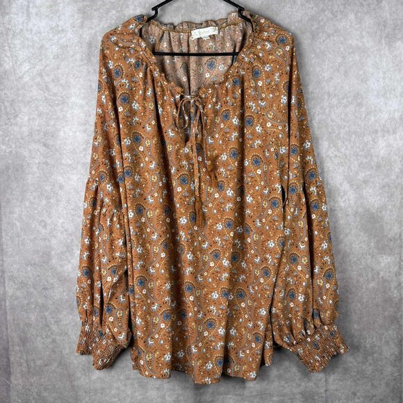 Weekend by Suzanne Betro 4X Boho Floral Peasant Top Rust Brown Long Sleeve Tunic - Picture 1 of 6